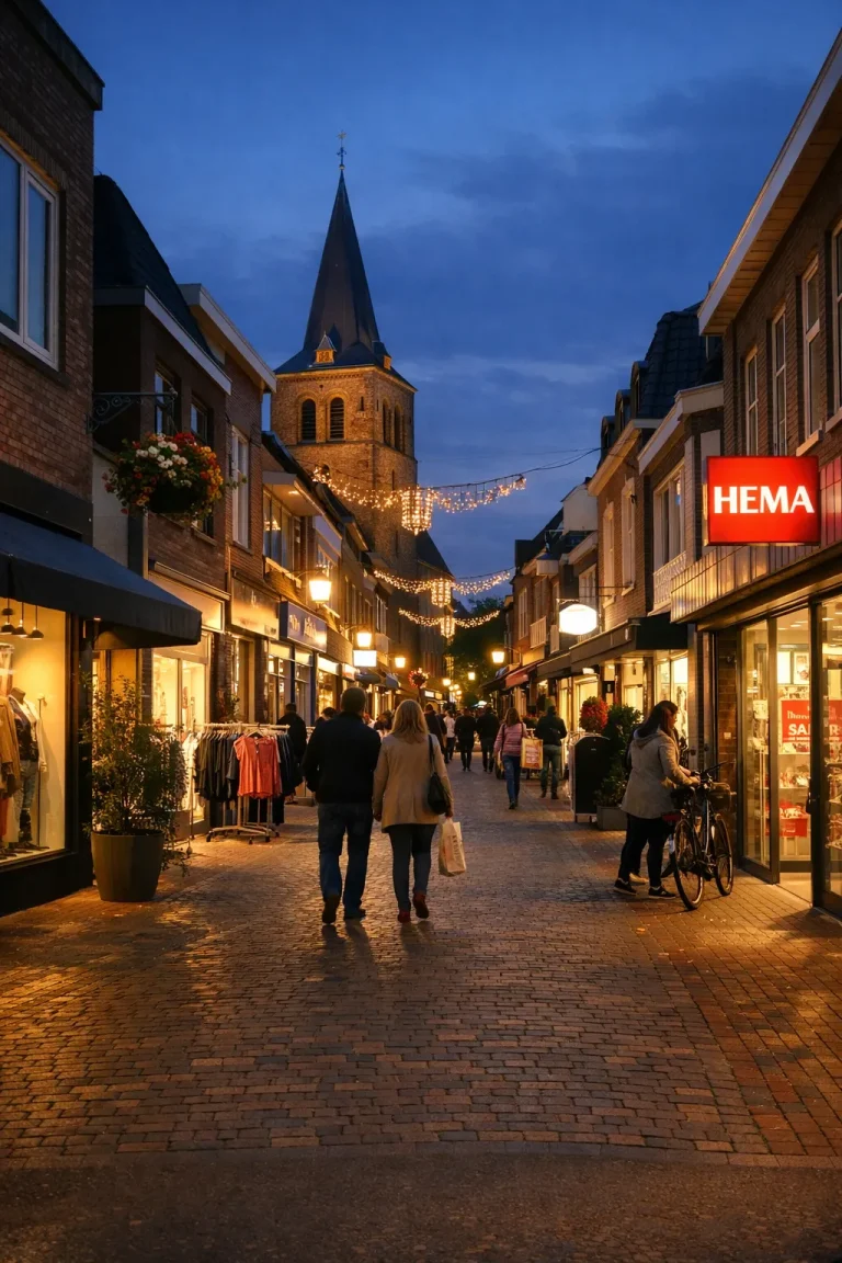 Winkelstraat in Rijssen tijdens koopavond met verlichte etalages en winkelend publiek in de avondschemering.