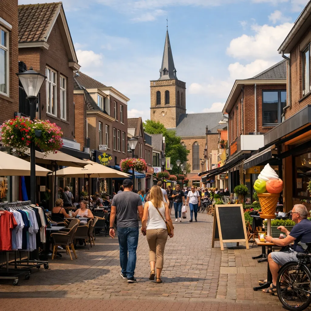 Drukke winkelstraat in Rijssen op zondag met terrassen en kerktoren op de achtergrond.