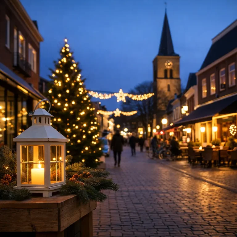Verlichte winkelstraat in Rijssen tijdens de feestdagen in de avond