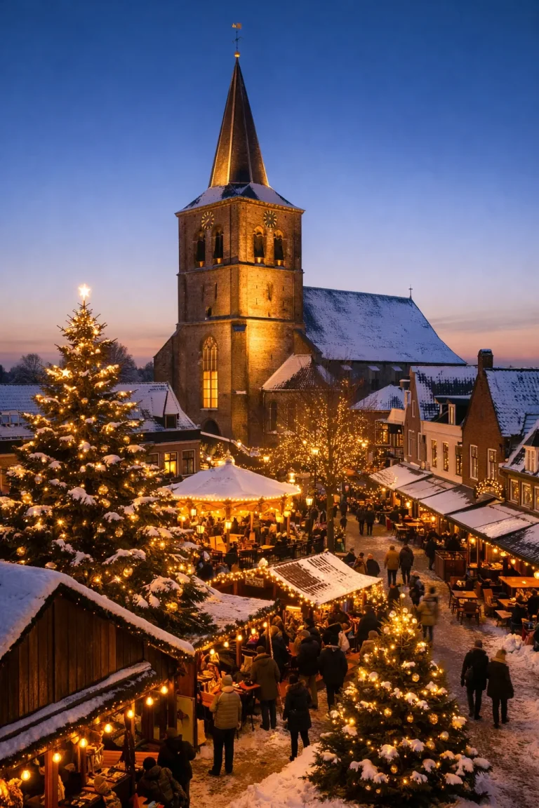 Sfeervolle kerstmarkt in Rijssen met verlichte kerk en besneeuwde daken in de avond.
