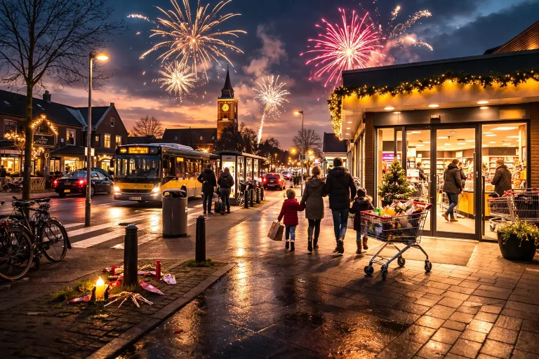 Winkelstraat in Rijssen met vuurwerk en geopende supermarkt tijdens Oud en Nieuw.