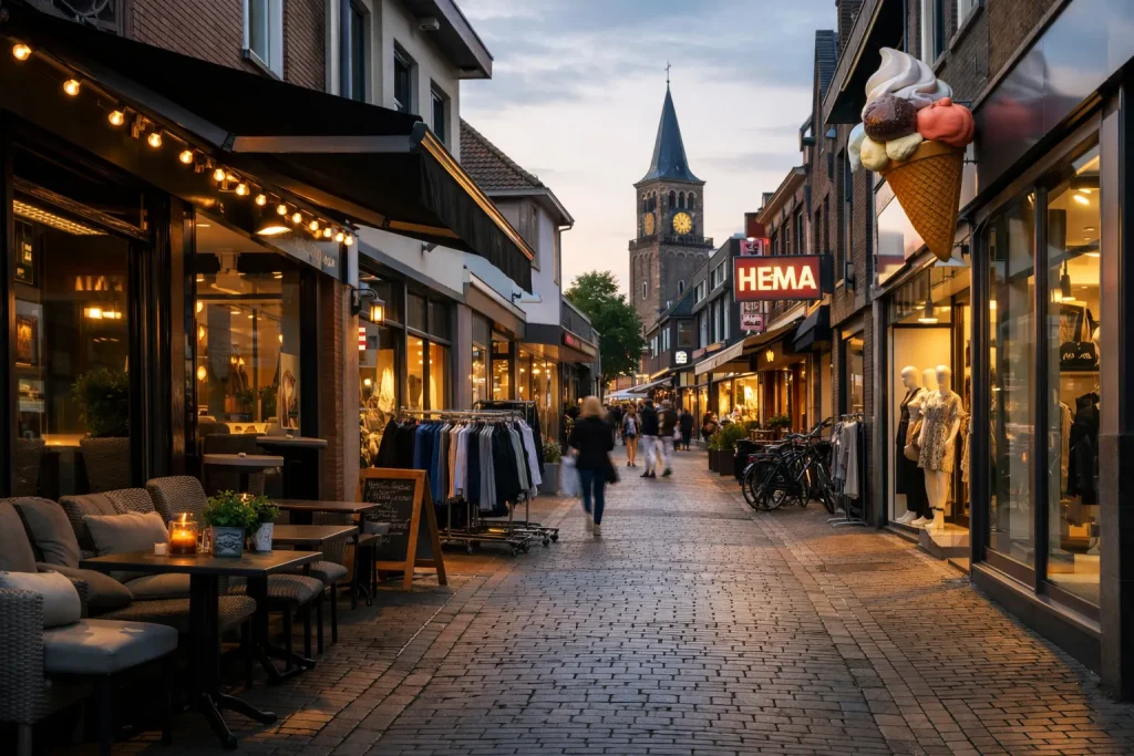 Gezellige winkelstraat in Rijssen met verlichte winkels in de avond