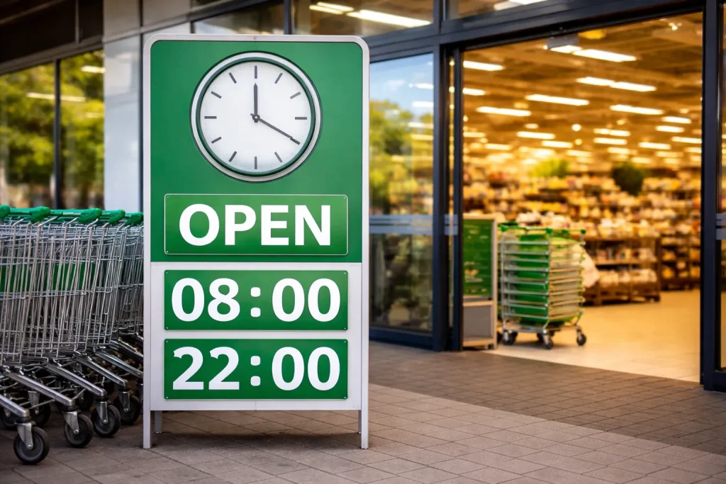 Ingang van een supermarkt met winkelwagens buiten.