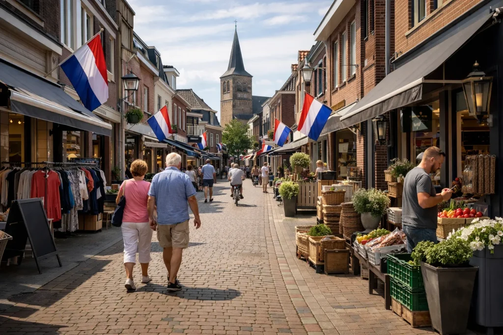Drukke winkelstraat in Rijssen met speciaalzaken en centrumwinkels op een zonnige dag.
