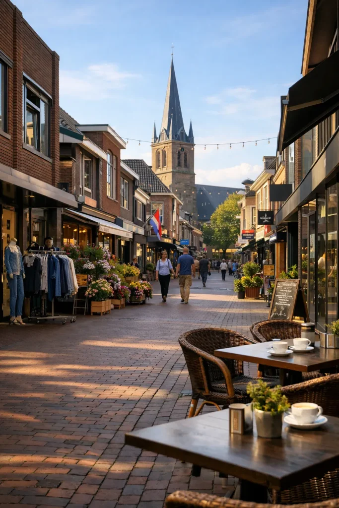Realistische afbeelding van winkelcentrum in Rijssen met geopende winkels overdag