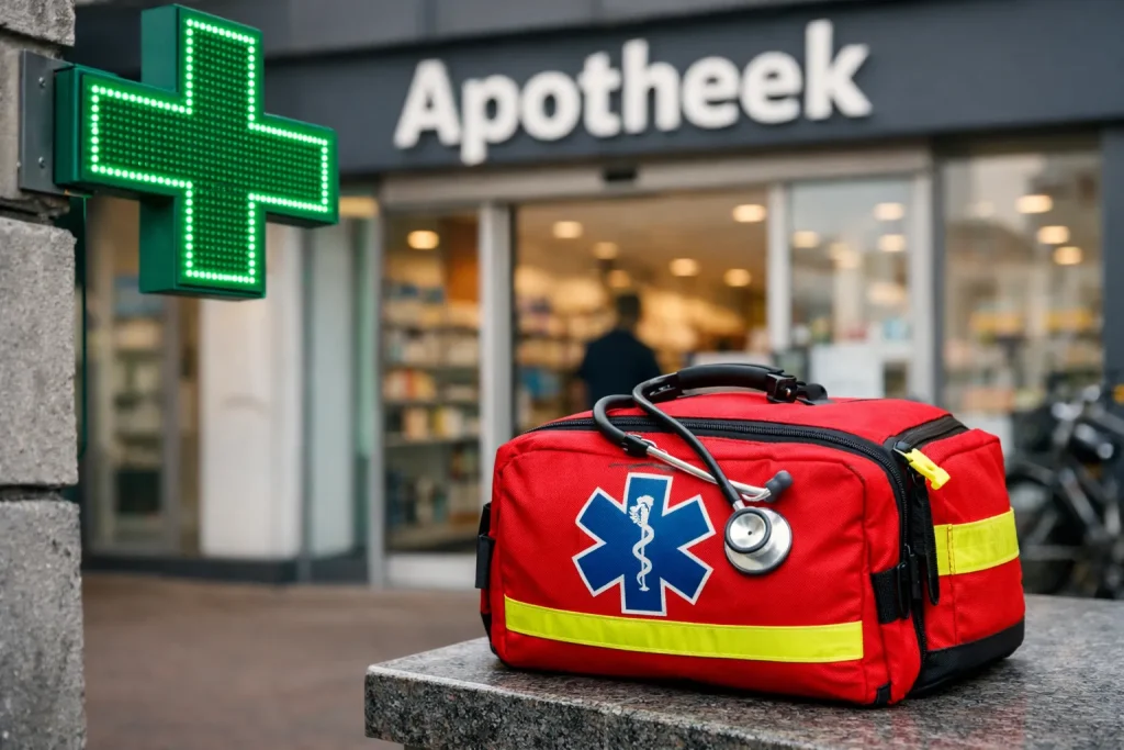 Apotheek met groen kruis en EHBO-tas bij de ingang