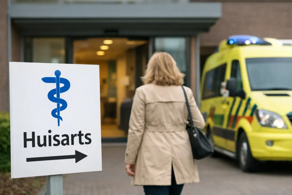 Patiënt loopt naar huisartspraktijk met ambulance op de achtergrond in Rijssen