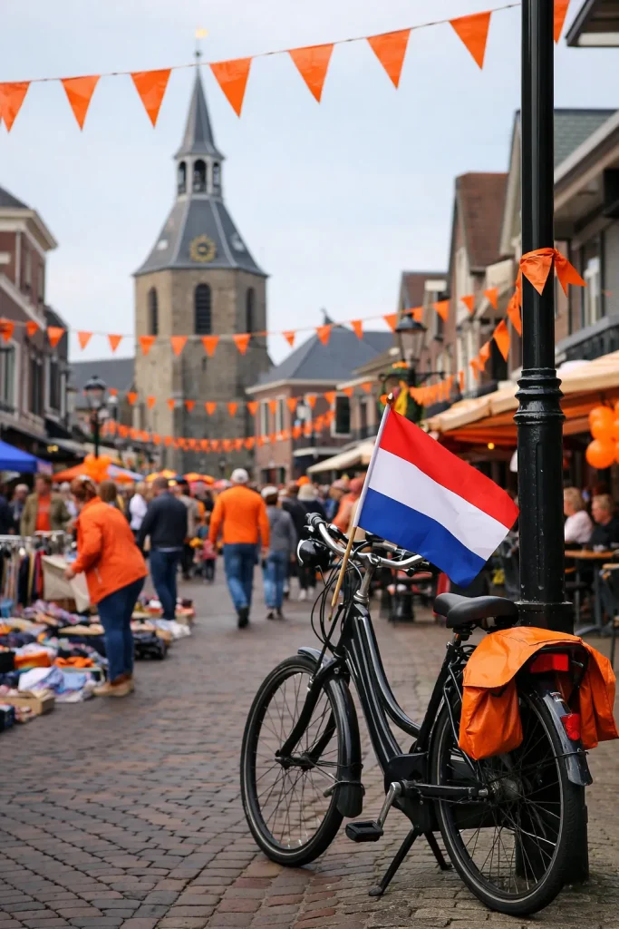 Feestelijke straat in Rijssen met oranje vlaggetjes en fiets tijdens Koningsdag