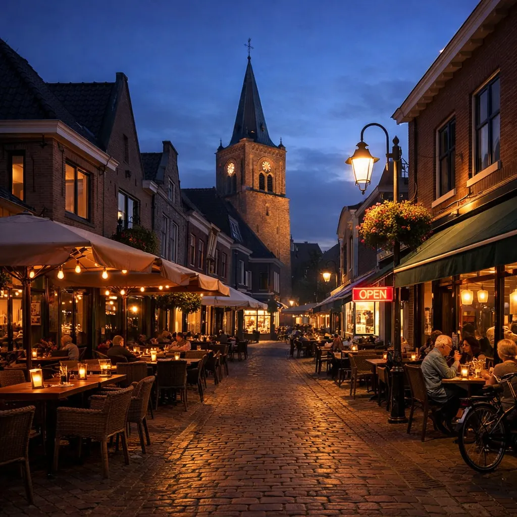 Restaurants en cafés in het centrum van Rijssen in de avond