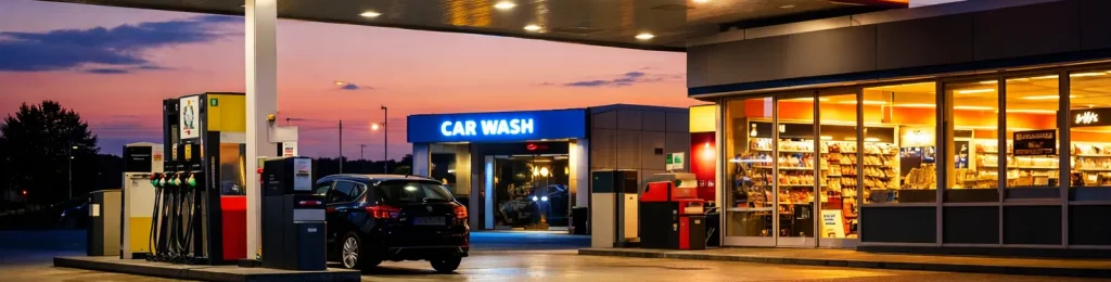 Verlicht tankstation met shop en carwash in Rijssen in de avond