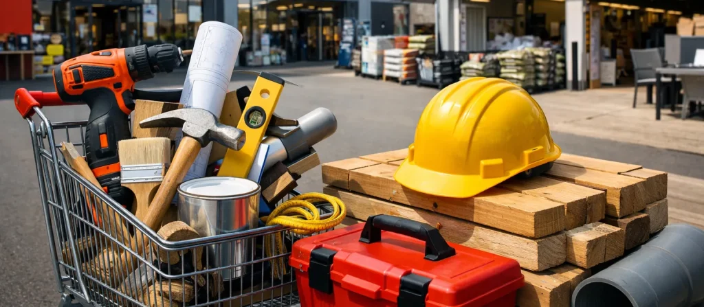 Gevel van een bouwmarkt in Rijssen met entree en parkeerplaats ervoor