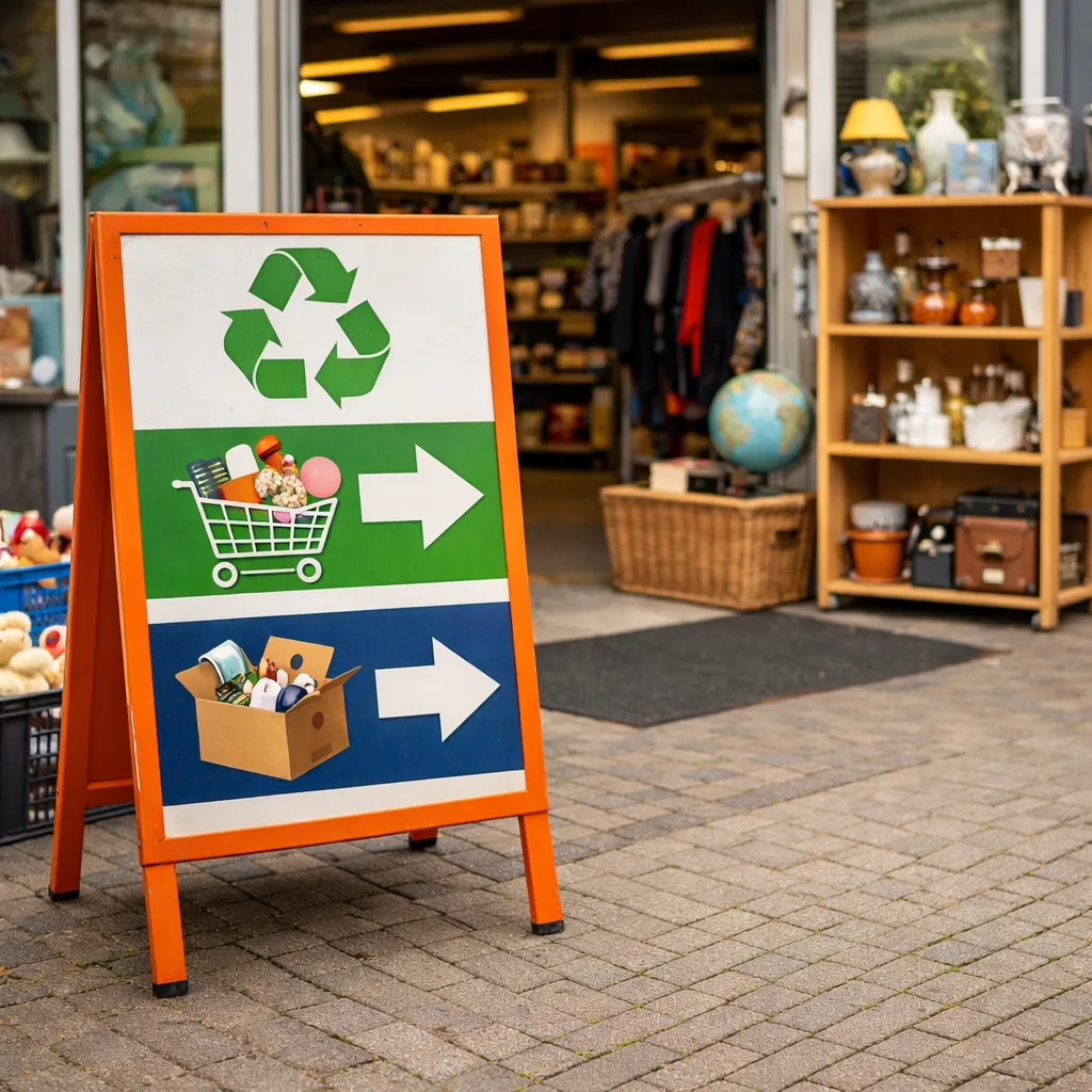 Ingang van een kringloopwinkel met tweedehands spullen in Rijssen
