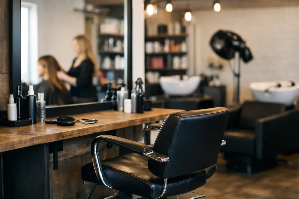 Kapper knipt en kleurt het haar van een klant in een moderne kapsalon in Rijssen.