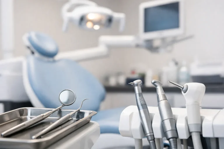 Bedrijven in Rijssen Moderne tandartsstoel met tandheelkundige instrumenten in praktijkruimte