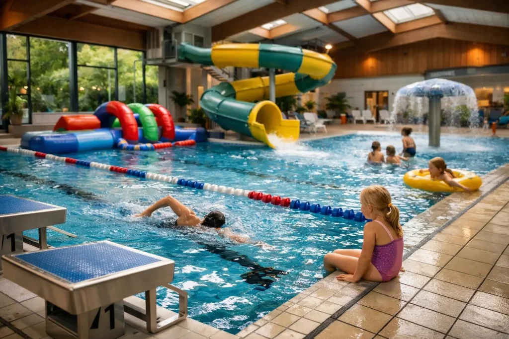 Overdekt zwembad in Rijssen met zwembanen en zwemmers in actie