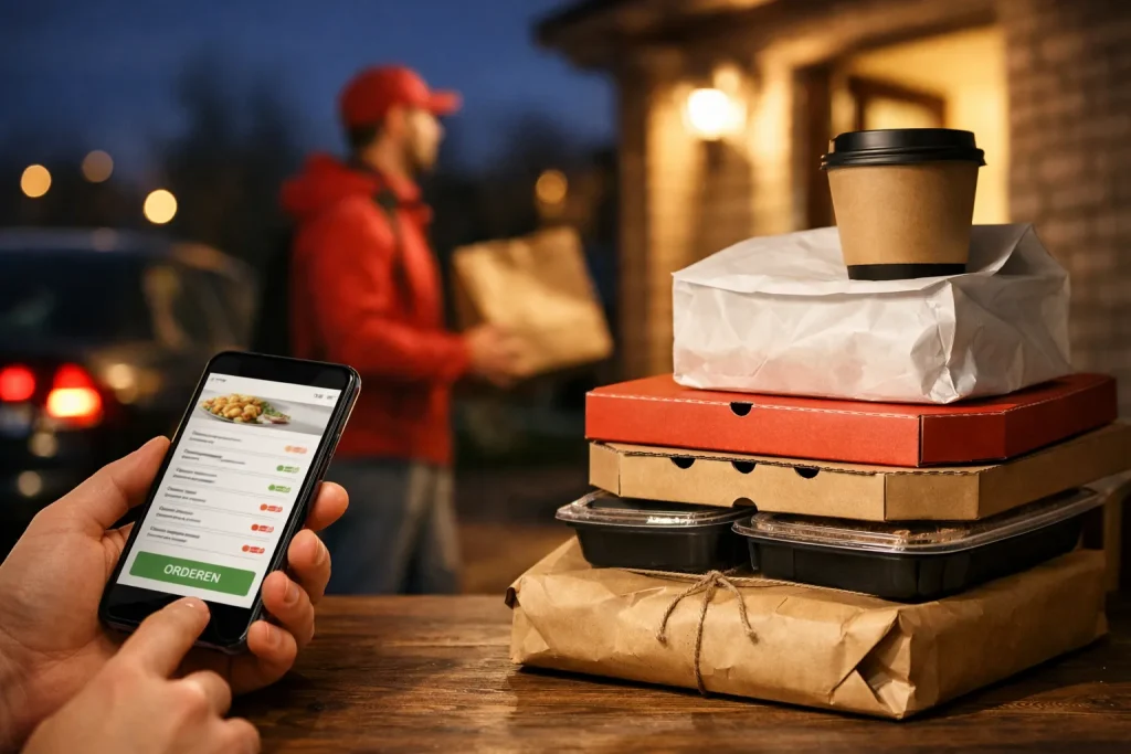 Maaltijdbezorger levert eten aan huis in Rijssen in de avond