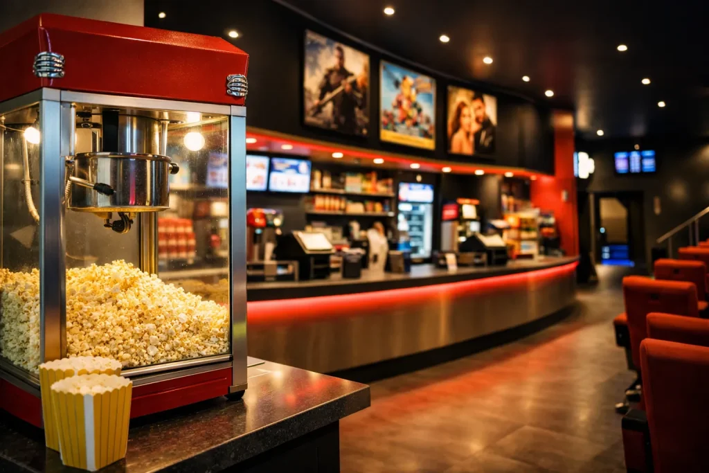 Interieur van een bioscoop in Rijssen met popcornmachine en verlichte kassa.