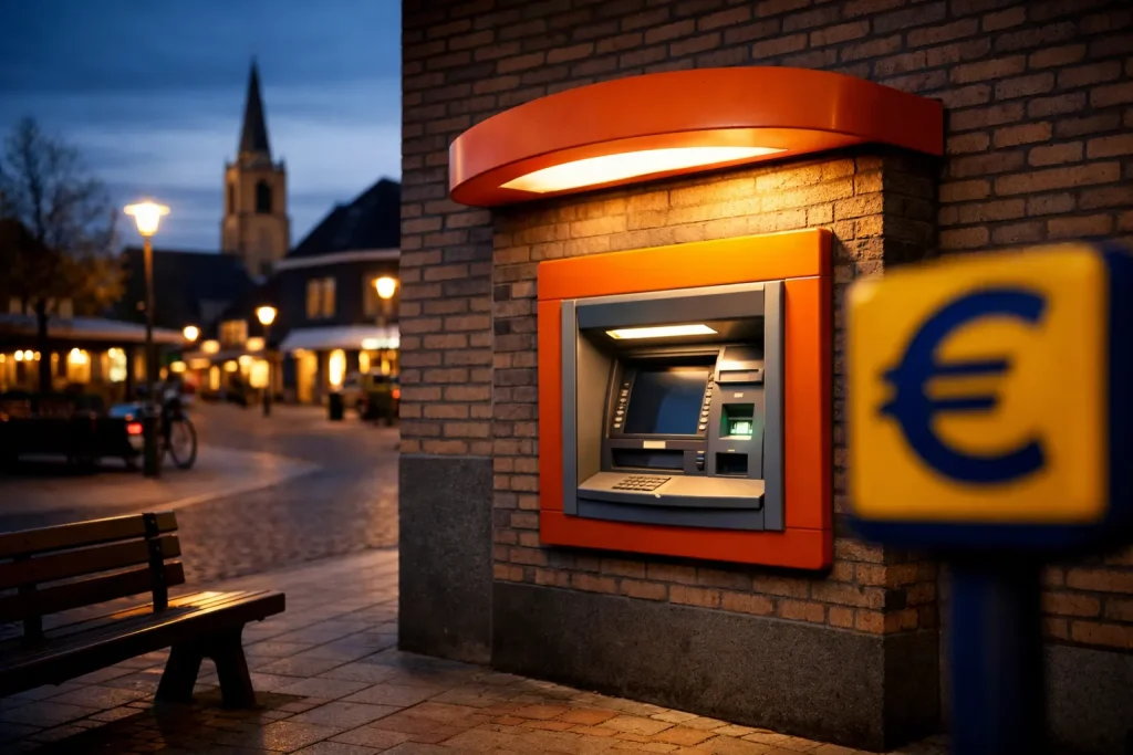 Verlichte geldautomaat in het centrum van Rijssen in de avond.