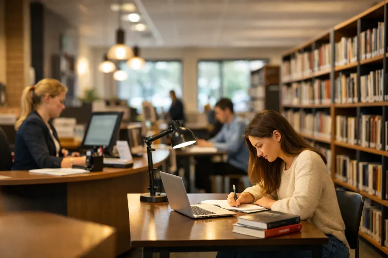 Interieur van de bibliotheek in Rijssen met leestafels en boekenkasten