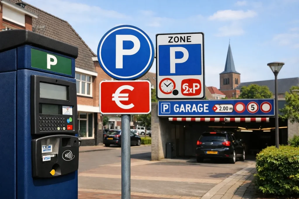 Straat in Rijssen met parkeerzones, parkeermeters en een parkeergarage in het centrum