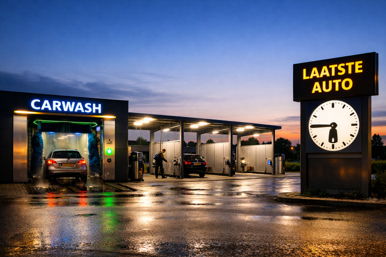 Moderne wasstraat in Rijssen met auto in de wasbox bij avondlicht