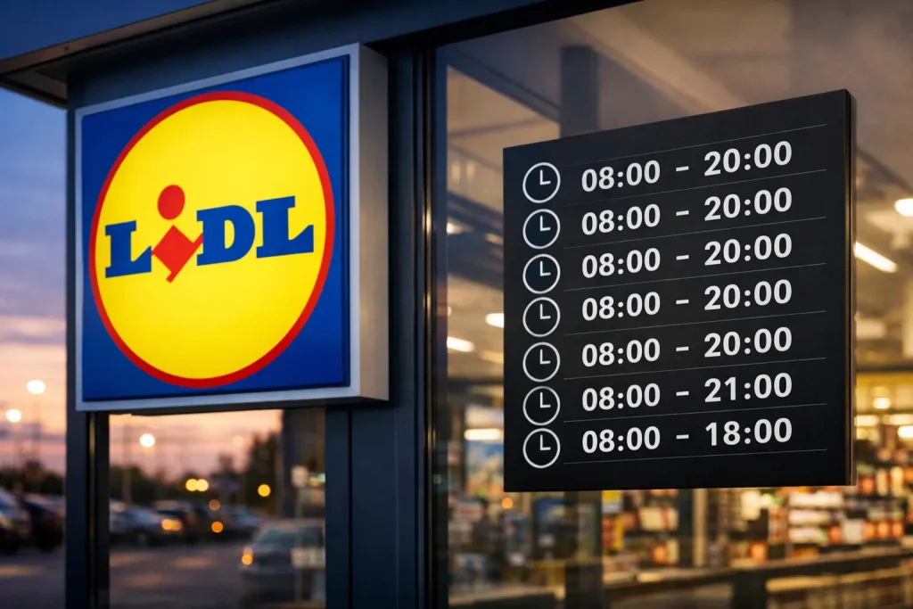 Ingang van een Lidl-supermarkt bij avondlicht