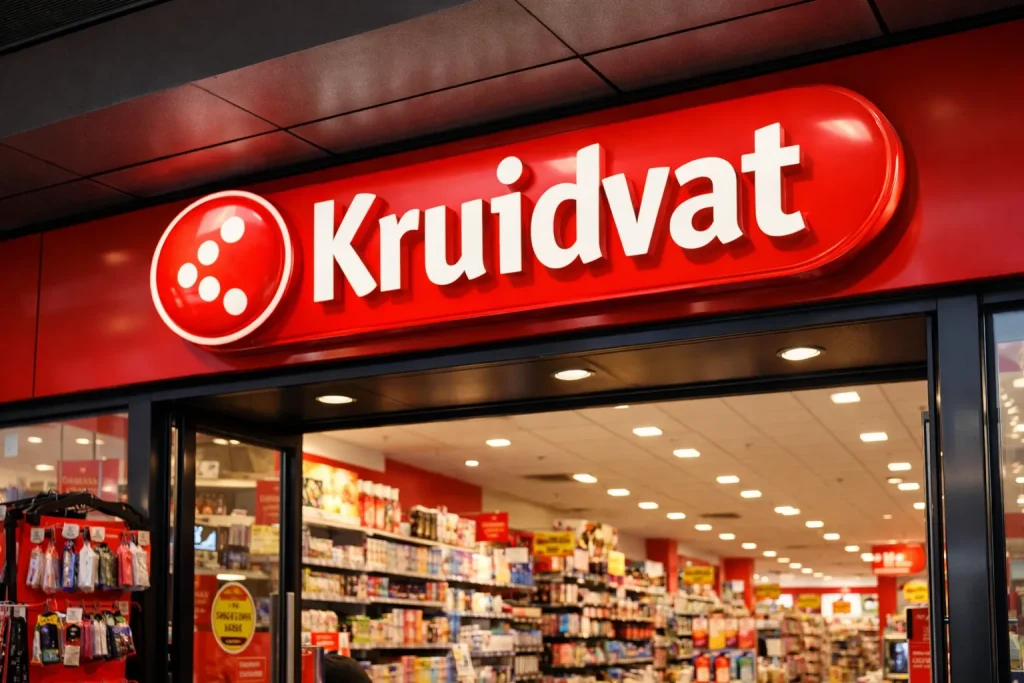 Winkelgevel van een drogisterij bij openingstijd