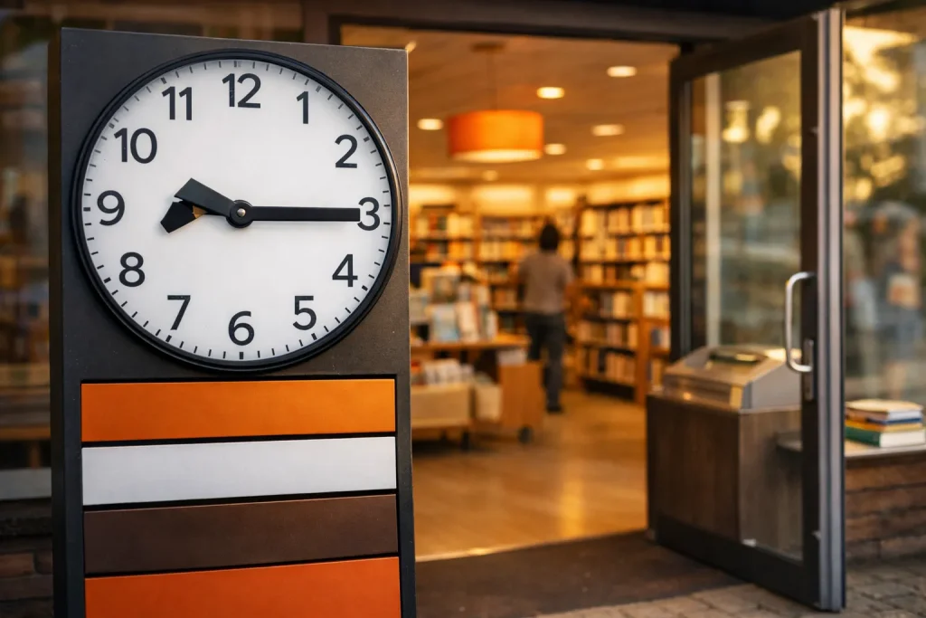 Bibliotheekingang met klok en boekenrekken